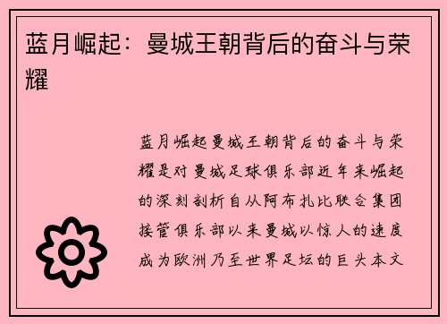 蓝月崛起：曼城王朝背后的奋斗与荣耀