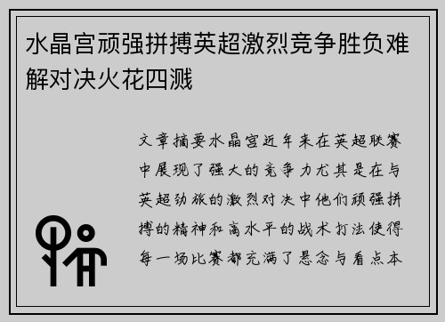 水晶宫顽强拼搏英超激烈竞争胜负难解对决火花四溅
