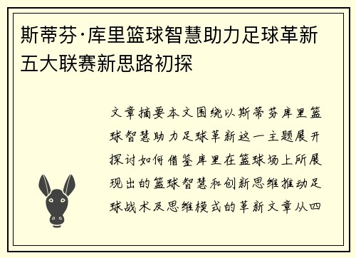 斯蒂芬·库里篮球智慧助力足球革新 五大联赛新思路初探